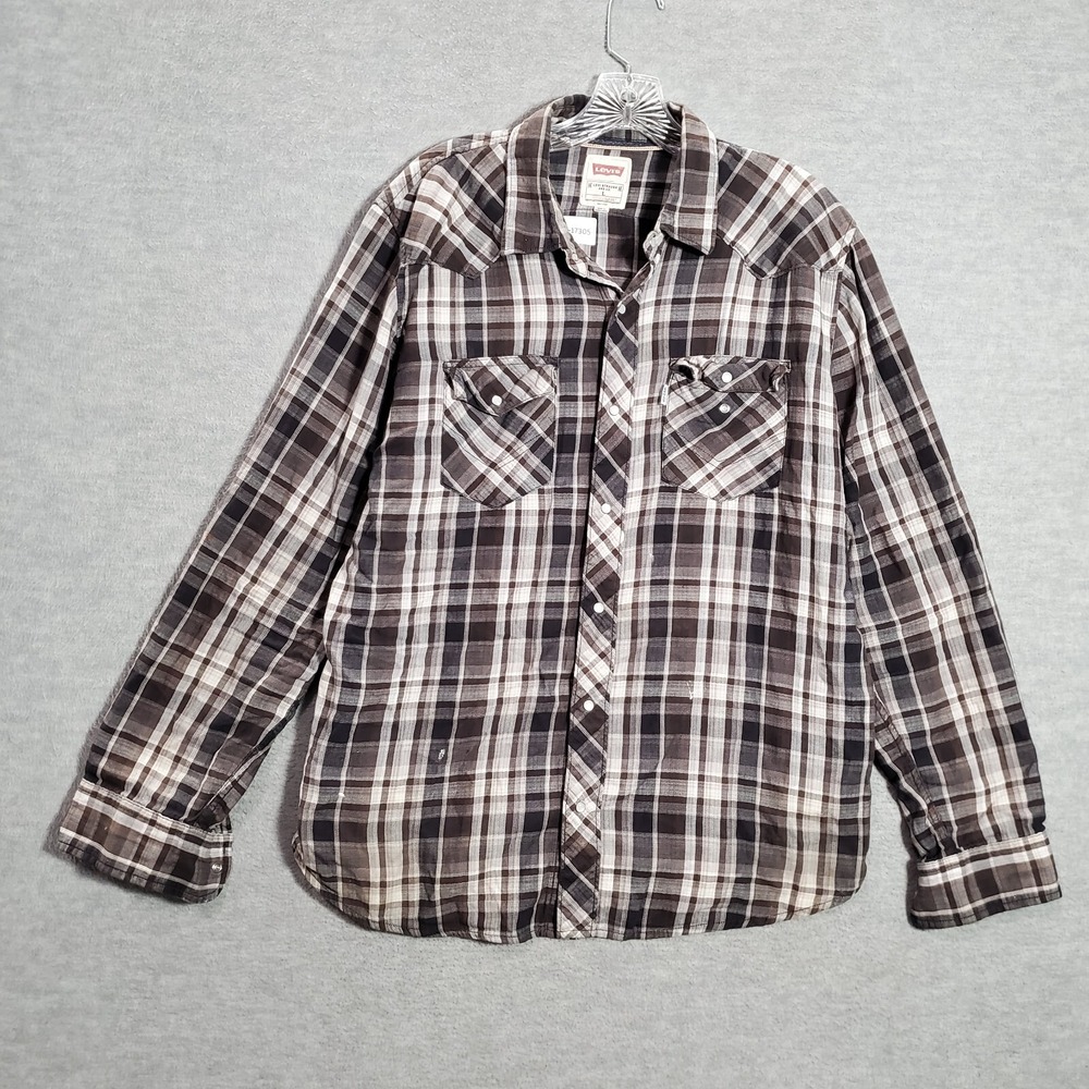 Levi's Men Button Up Shirt Large Brown Plaid Western Pearl Snap Long Sleeve READ